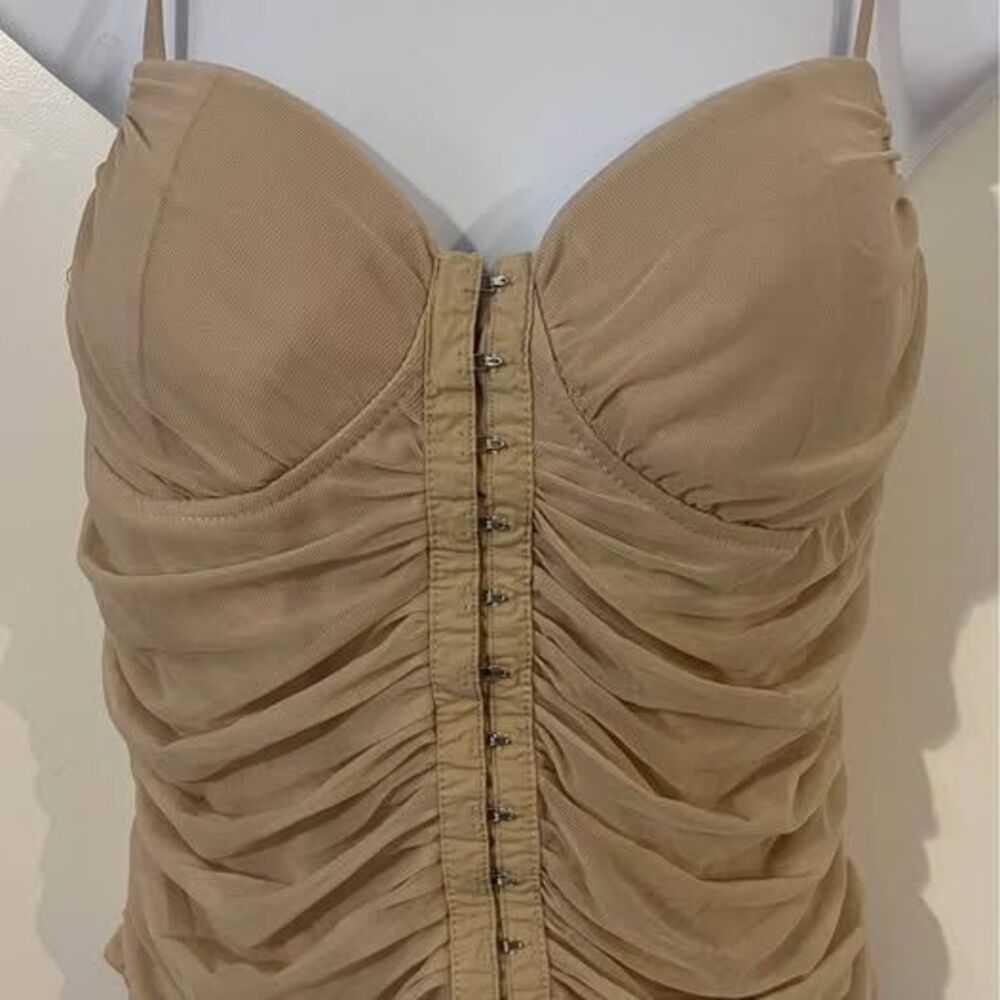 Moa Moa Ruched Mesh Bustier Corset Top Beige Tan Hook & Eye Y2K Fairycore XL